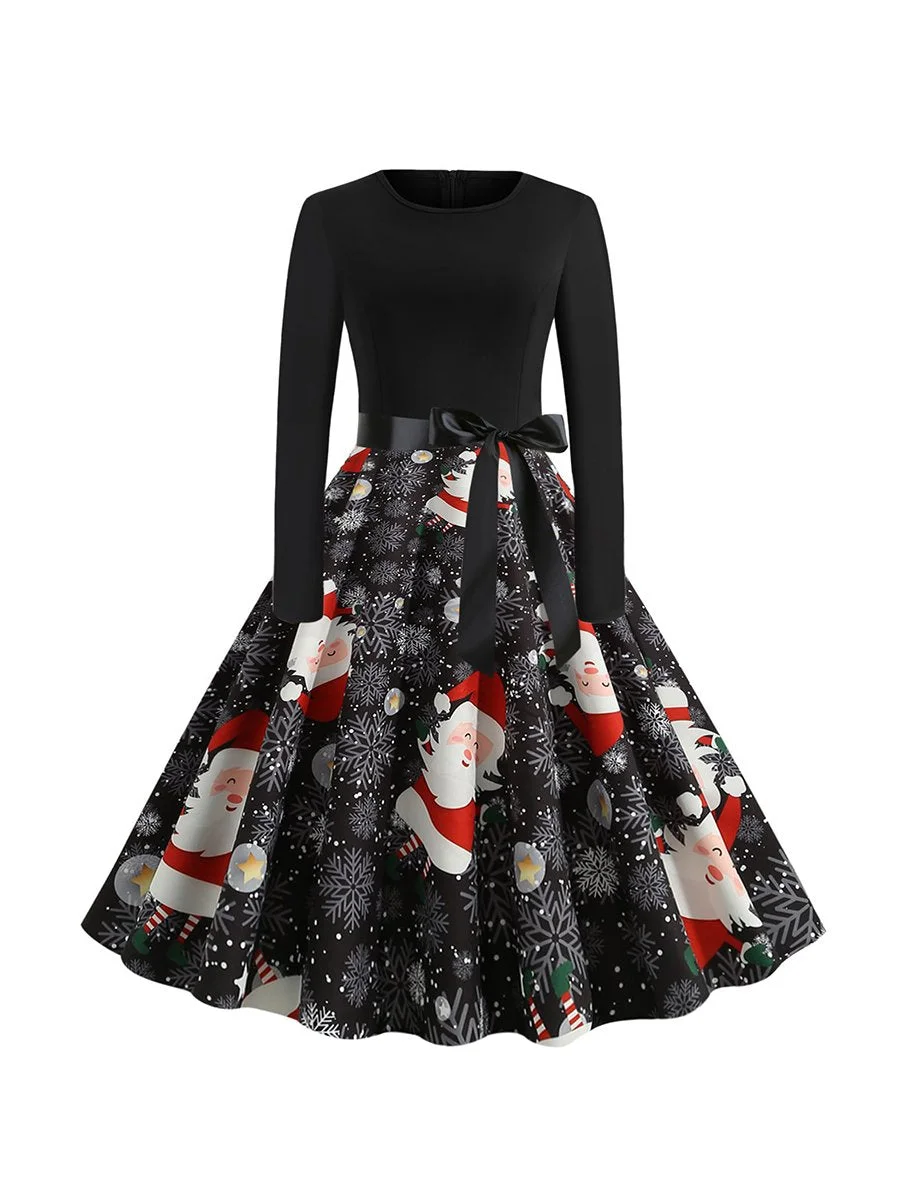 Christmas Dress Round Neck Long Sleeve Printed Bowknot A Line Dresses