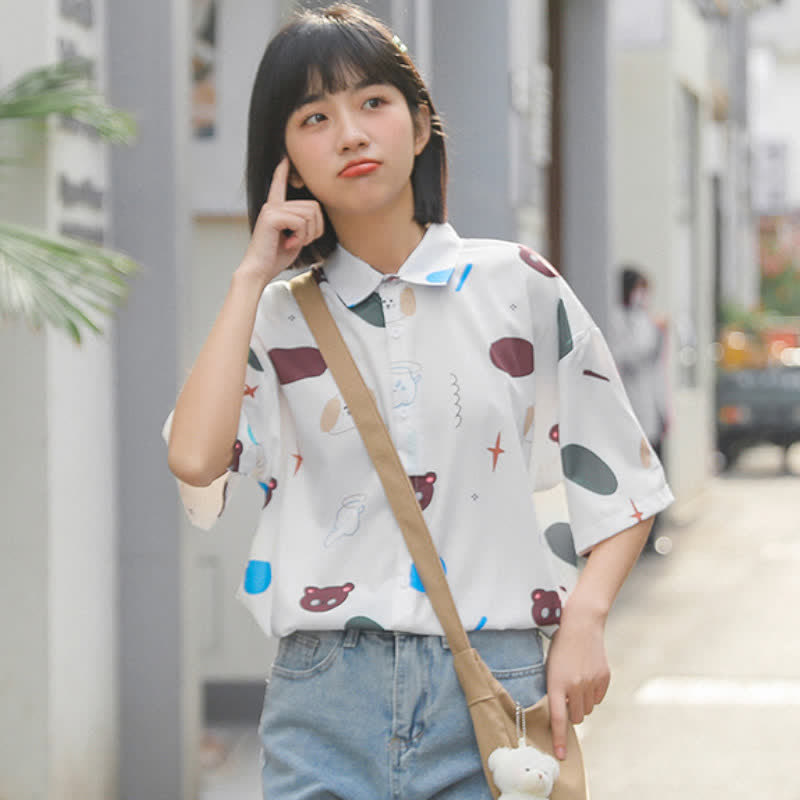 Cartoon Bear Print Lapel Casual T-Shirt