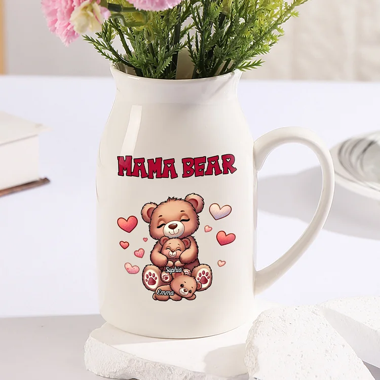 Personalized Ceramic Flower Vase Custom 2–8 Names & 1 Text Bear Family Vase Gift for Mother/Grandma