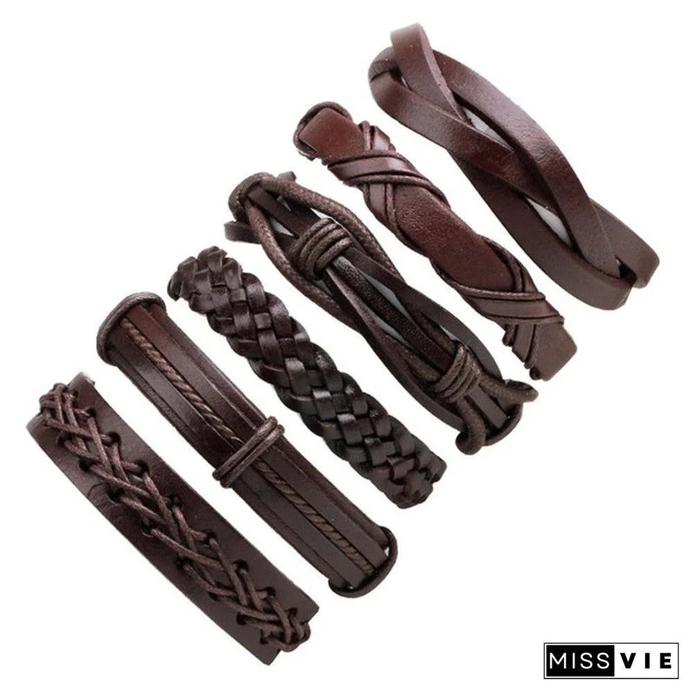 6pcs/set Vintage Punk Leather Bracelet Wristband Bangle Men Jewellery Gift