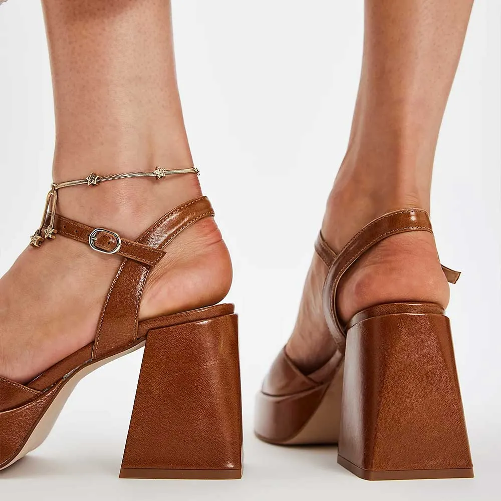 Brown Square Toe Ankle Strap Platform Sandals with Chunky Heel