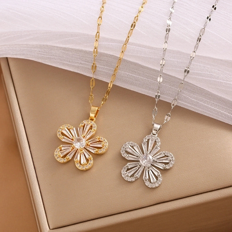 316 Stainless Steel  Copper 18K Gold Plated Elegant Minimalist Plating Leaf Zircon Pendant Necklace