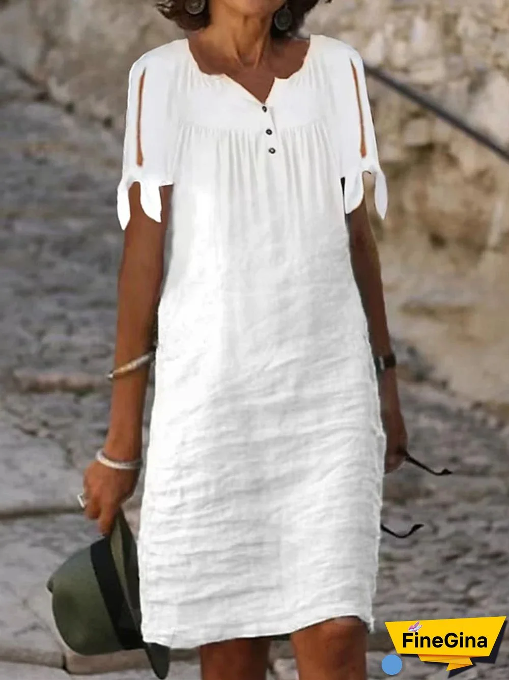 Women's Lace-up Solid Color V-Neck Short Sleeve Maxi Dress