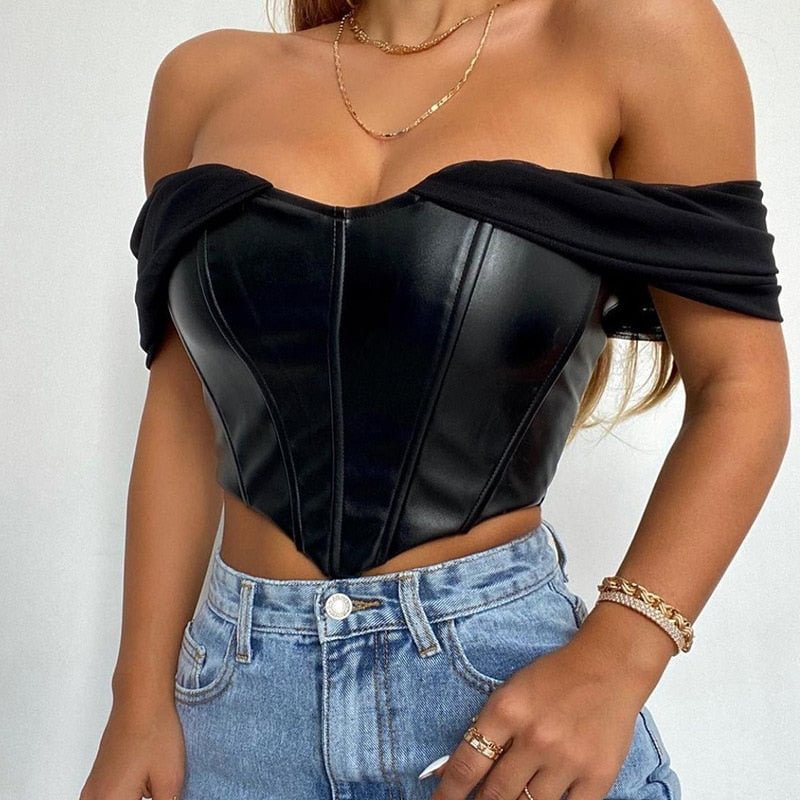 Pu Leather Sexy Solid Bustier Corset Top for Women Off Shoulder Chiffon Strapless Female Short Cropped Tops Women's Tube Top