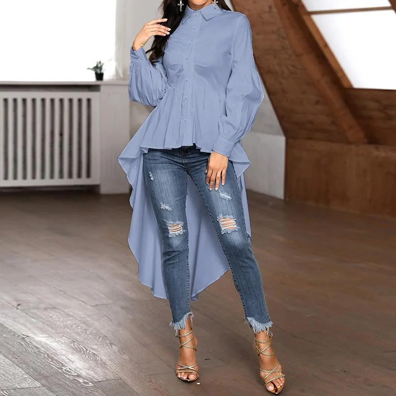 ZANZEA Stylish Tunic Tops 2022 Spring Lapel Neck Long Puff Sleeve Asymmetrical Blouses Women Shirts Casual Solid Party Blusas 7