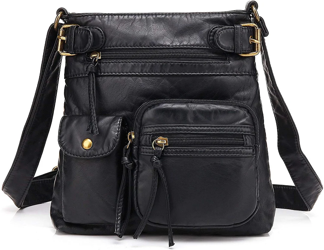 Small Multi Pocket Crossbody Bag for Women, Ultra Soft Washed Vegan Leather Shoulder Purse, H1833
