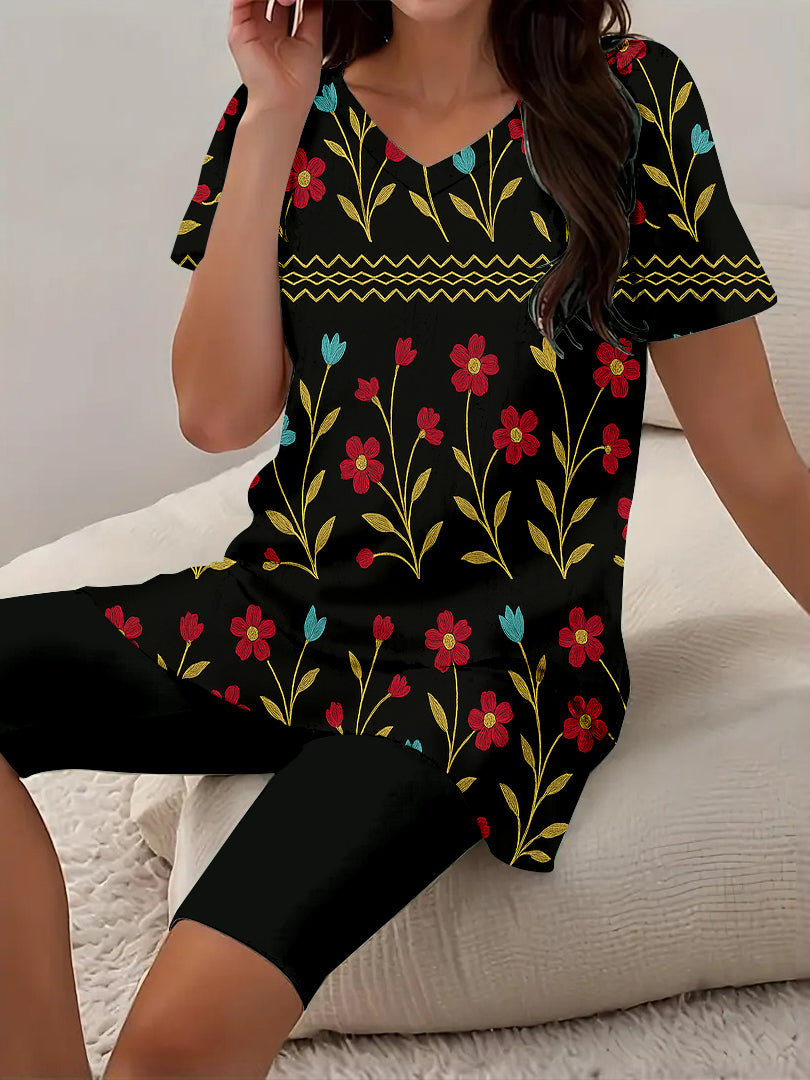 Women Long Sleeve V-neck Graphic Floral Printed Top