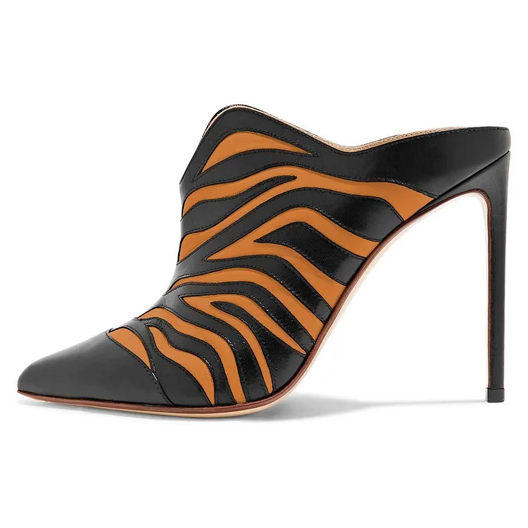 Black and Orange Animal Print Mule Stiletto Heels Pumps Vdcoo