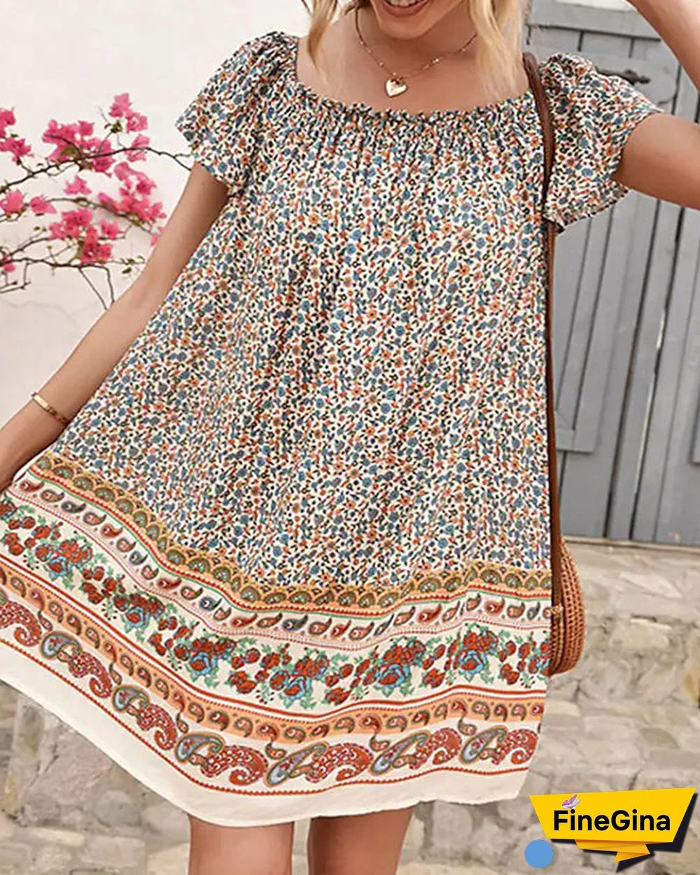 Cropped Off-the-shoulder Mini Boho Floral Dress