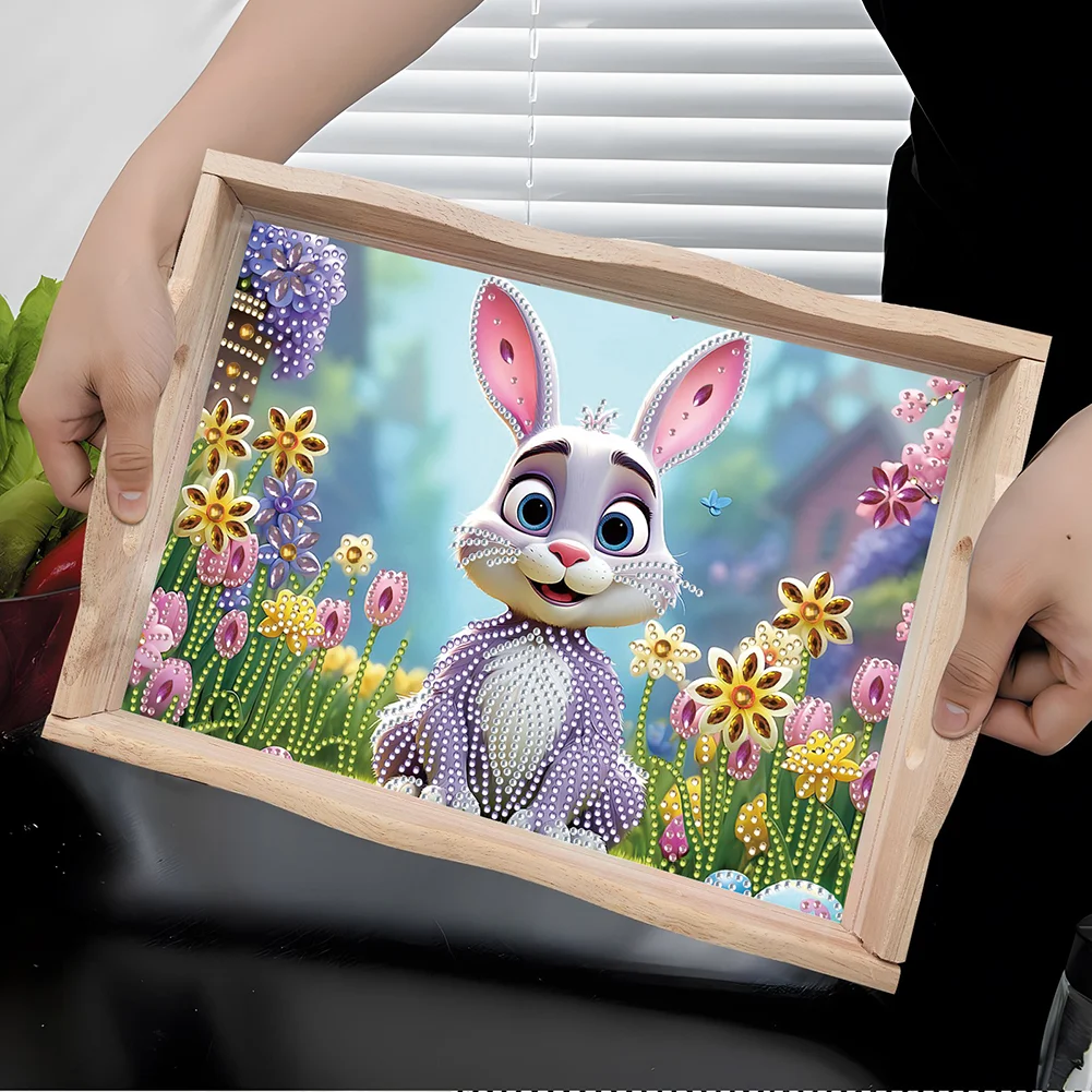 Wooden Garden Rabbit 5D DIY Diamond Painting Serving Tray for Home Decor
