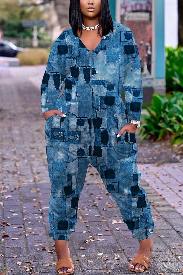 Xpluswear Plus  Size Casual Blue Patchwork V Neck Long Sleeves With Pockets Loose Jumpsuit