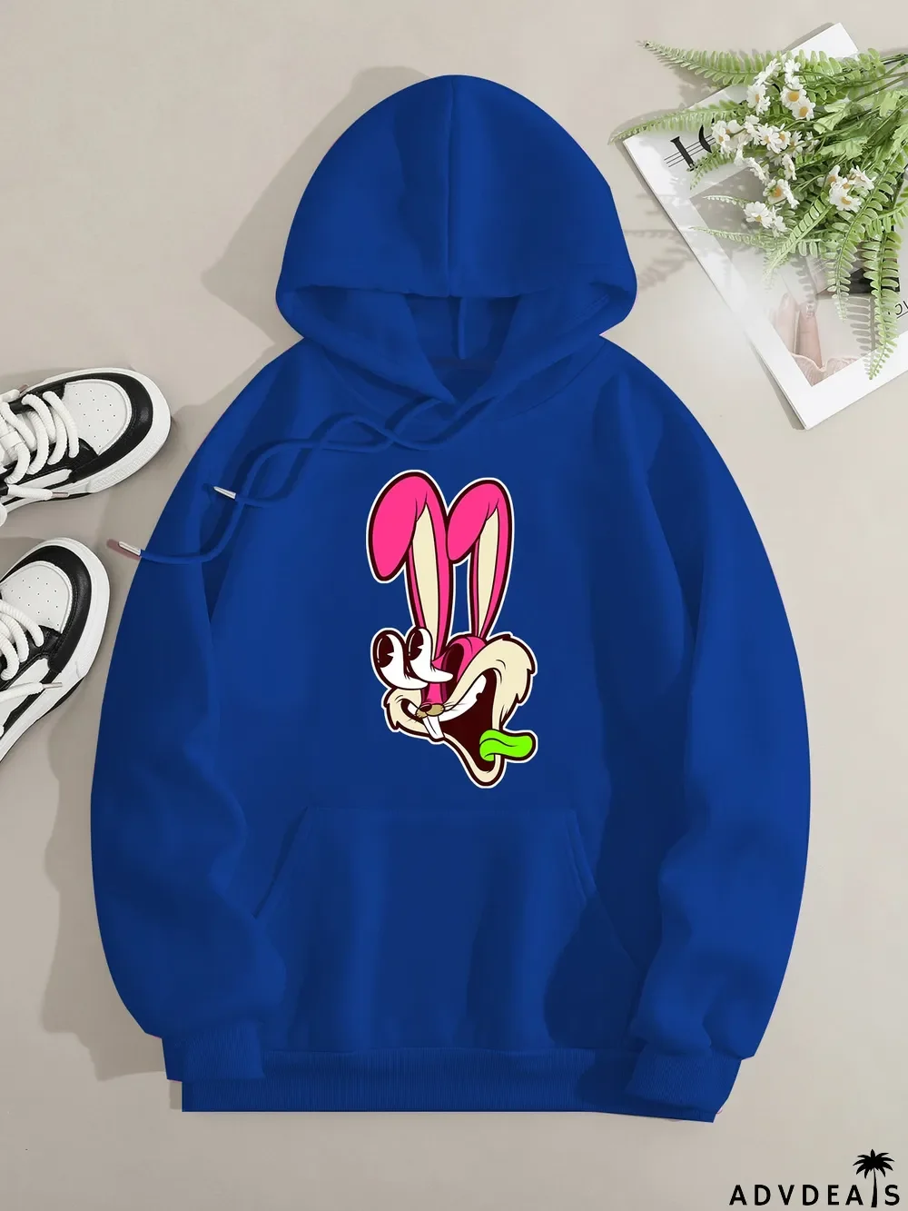 Printed on front Kangaroo Pocket Hoodie Long Sleeve for Women Pattern Rabbit Surprised