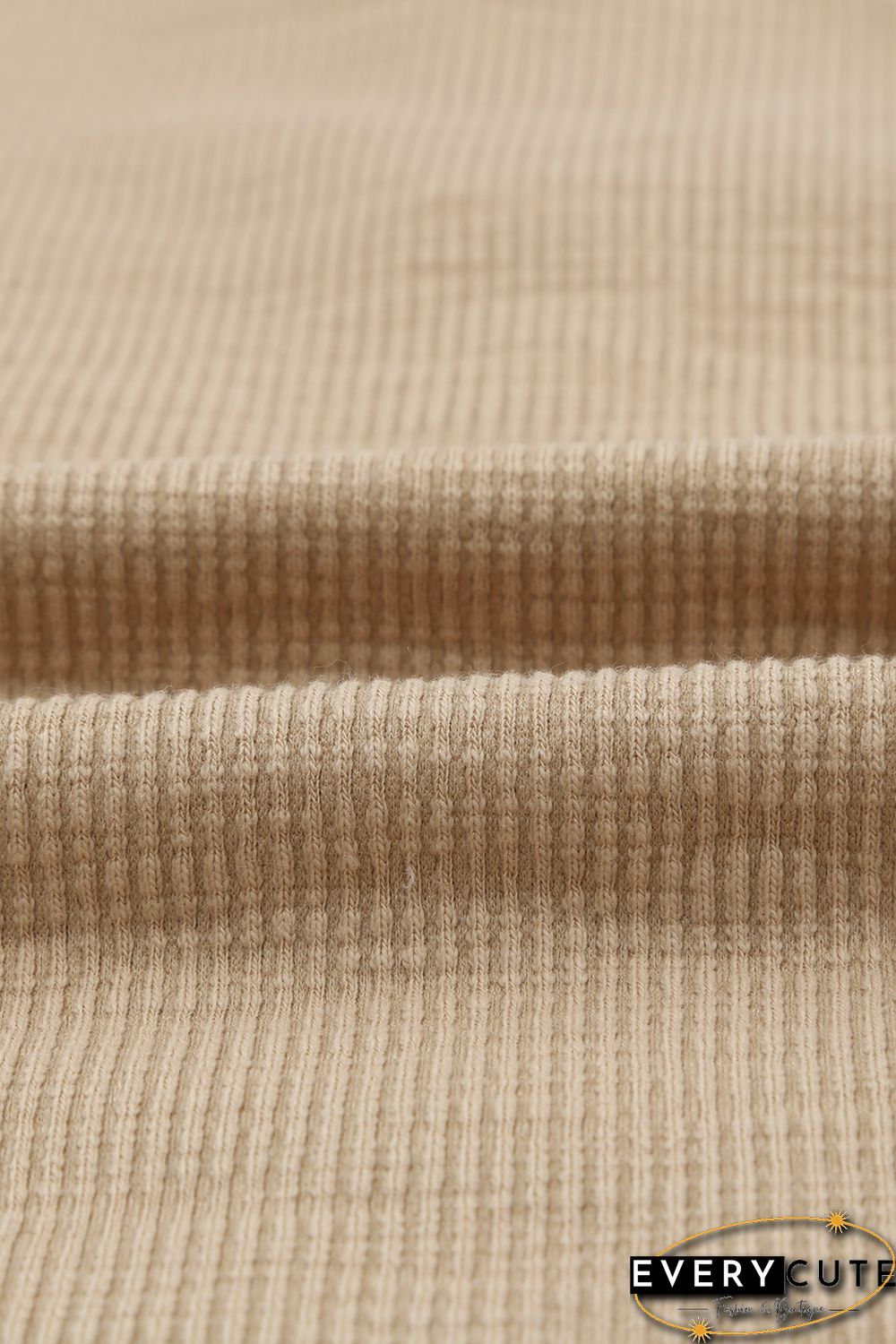 Khaki Crewneck Buttons Ribbed Knit Long Sleeve Top