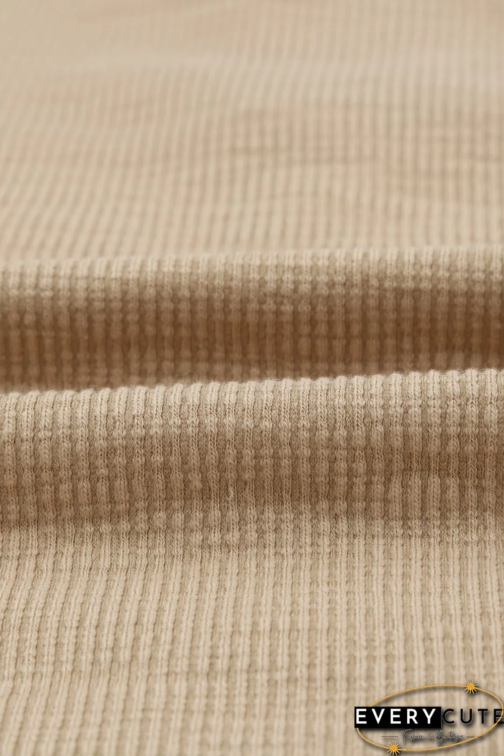 Khaki Crewneck Buttons Ribbed Knit Long Sleeve Top