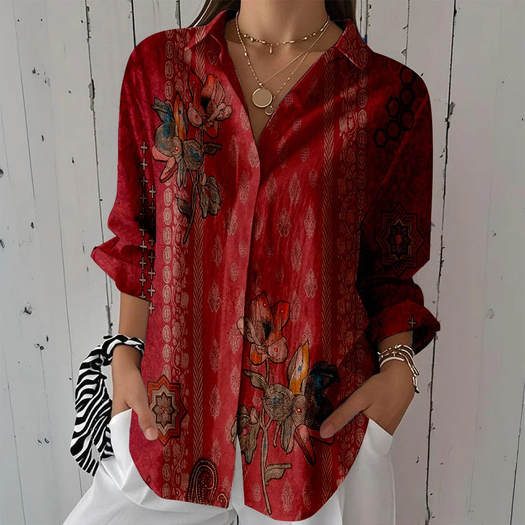 Style & Comfort for Mature Women Women Floral, Retro, Red DZCL0505 3/4 Sleeve Shirt Collar Printed Button Tops
