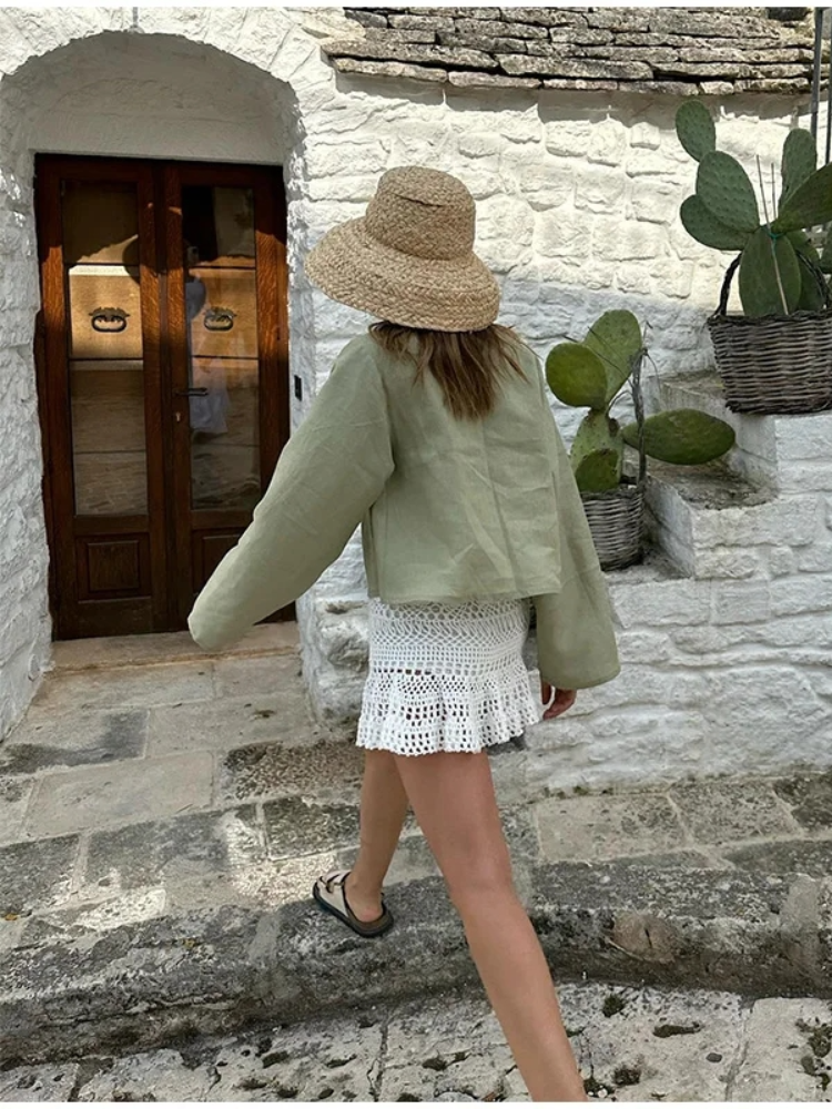 Uveng Women V Neck Solid Green Lace Up Shirt Fashion Long Sleeves Loose Cropped Top Chic Lady Street Blouse Vacation Tops