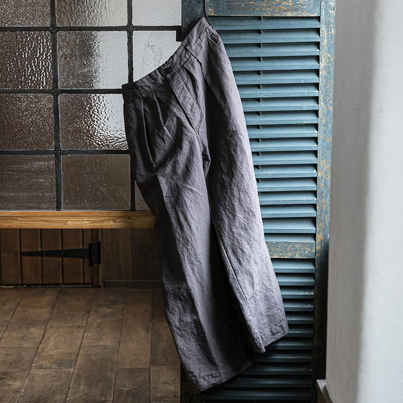 Men's Vintage Gray Cotton-Linen Pleated Trousers