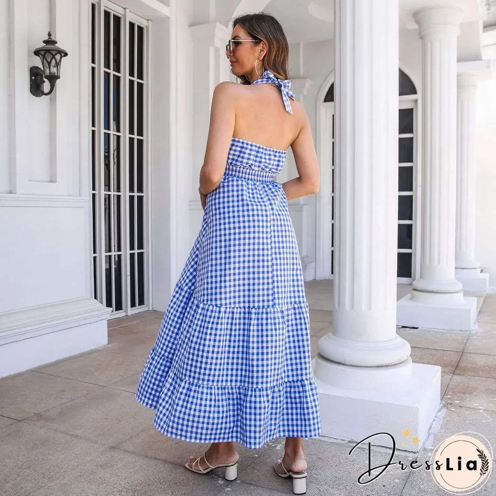 Sexy Dress For Women Summer New Casual Bohemian Holiday Ruffle Hem Plaid Long Backless