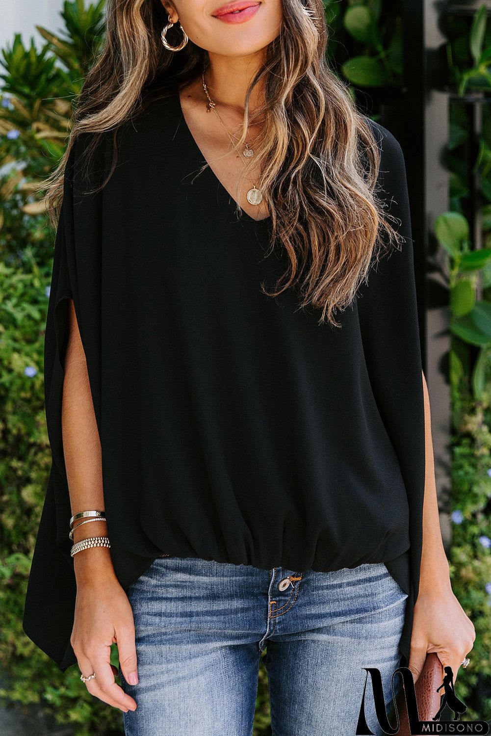 MidiSono - Draped Dolman Sleeves V Neck Blouse
