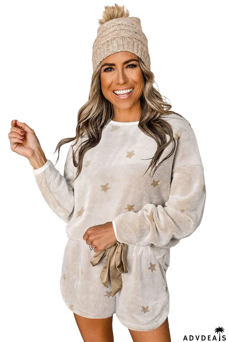 Plush Star Pattern Long Sleeve Pullover and Shorts Lounge Set
