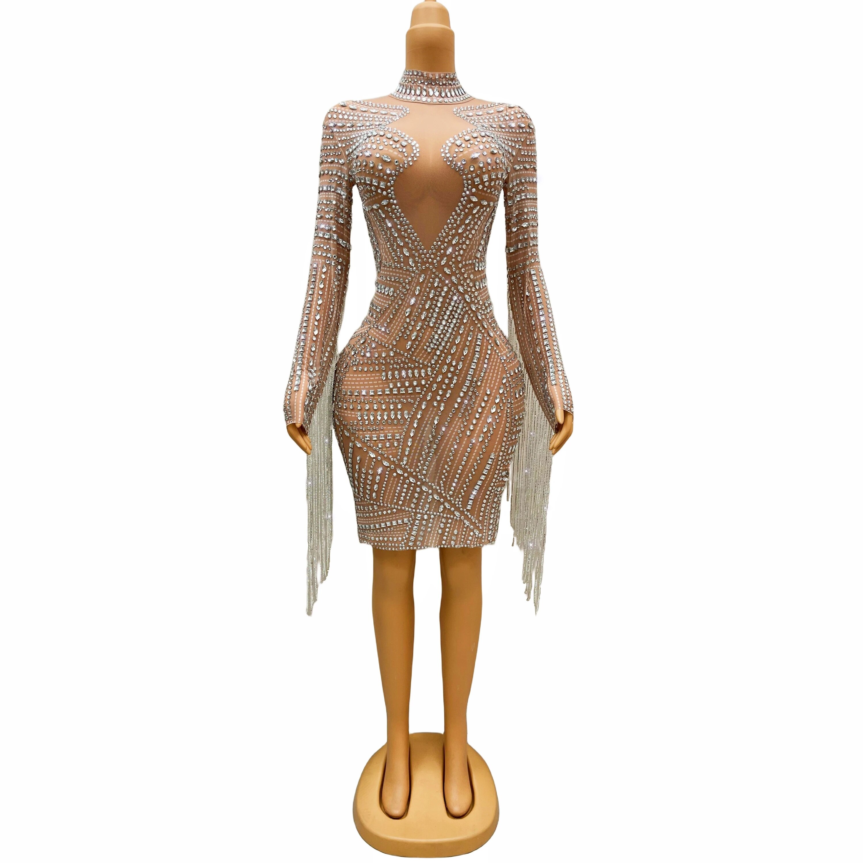 VCSHOES Silver Rhinestones Long Sleeve Crystals Chains Dress Transparent Fringes Outfit Birthday Party Collections Jiachong