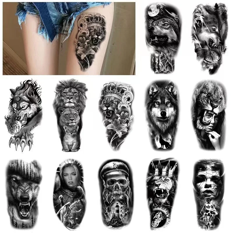 12sheets Lion Tiger Waterproof Tattoo Stickers Men Women Half Arm Calf Water Transfer Fake Tattoo Animal Pattem Temporary Tattoo
