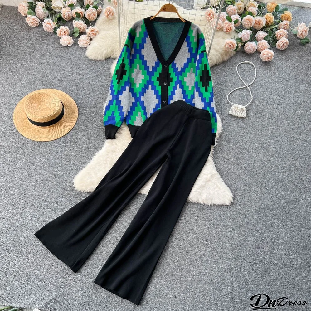 Women Casual Contrast color knitting V-neck jacquard cardigan sweater + wide-leg pants two-piece set