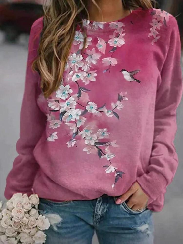 Women Long Sleeve Scoop Neck Floral Printed Graphic Top