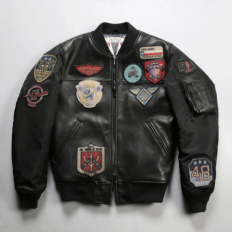 MA-1 Genuine Leather Baseball Jacket for Men - Stand Collar, Sheepskin Bomber Jacket