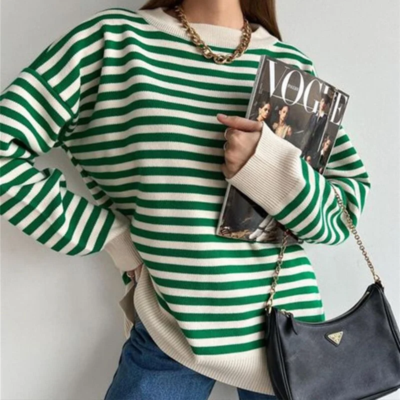 Casual O-Neck Stripe Oversize Winter Knitted Sweater Women Vintage Green Streetwear Pull Femme Long Sleeve Top Pullover