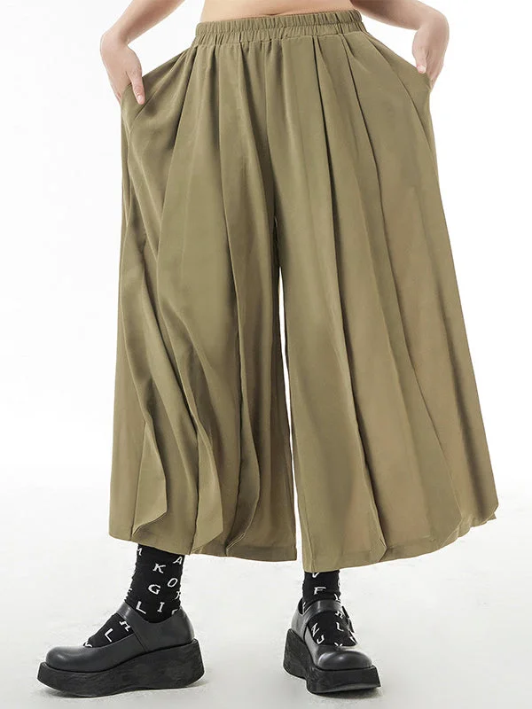 Casual Green Elasticity Waisted Pleated Wide Leg Pants