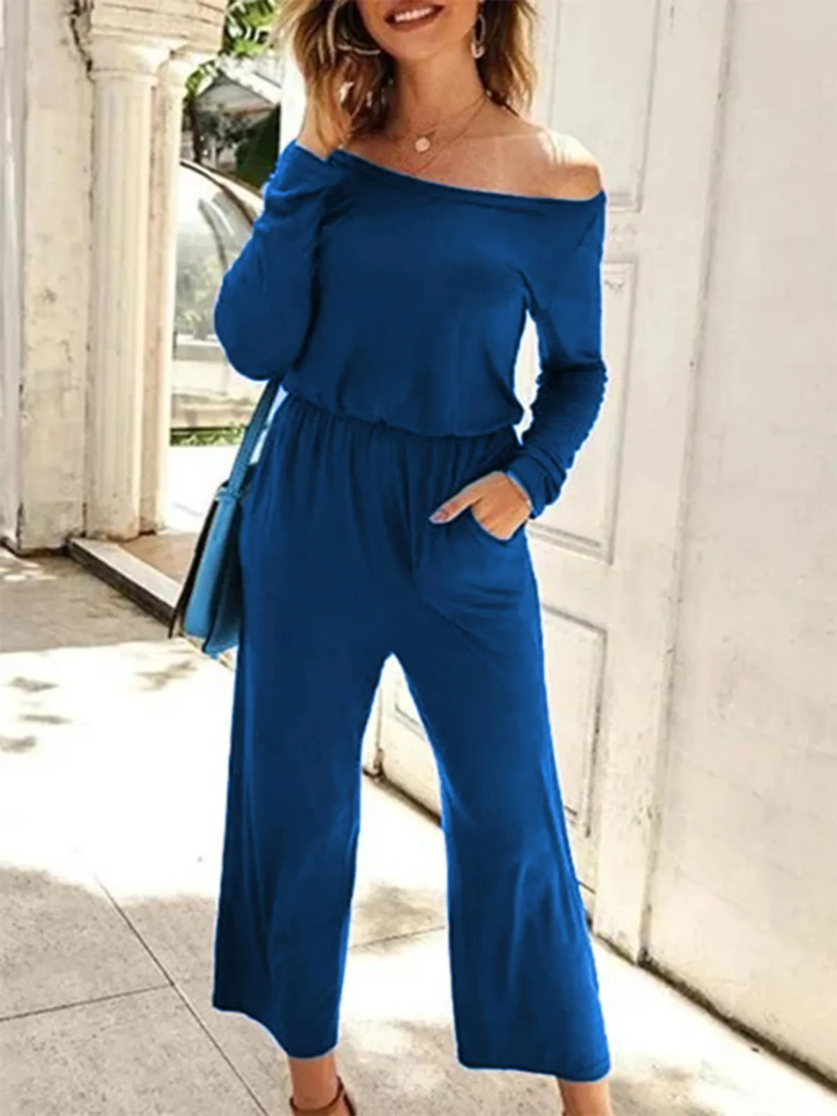 Plain Long Sleeve Off Shoulder Plus Size Casual Jumpsuits