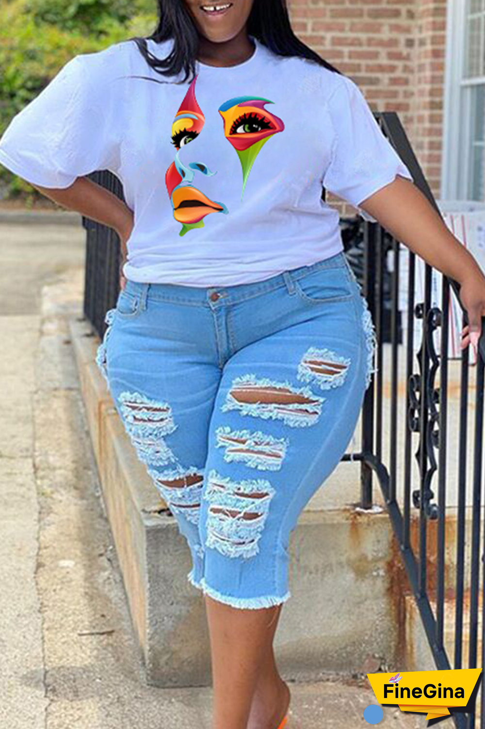 Black Street Print Patchwork O Neck Plus Size Tops