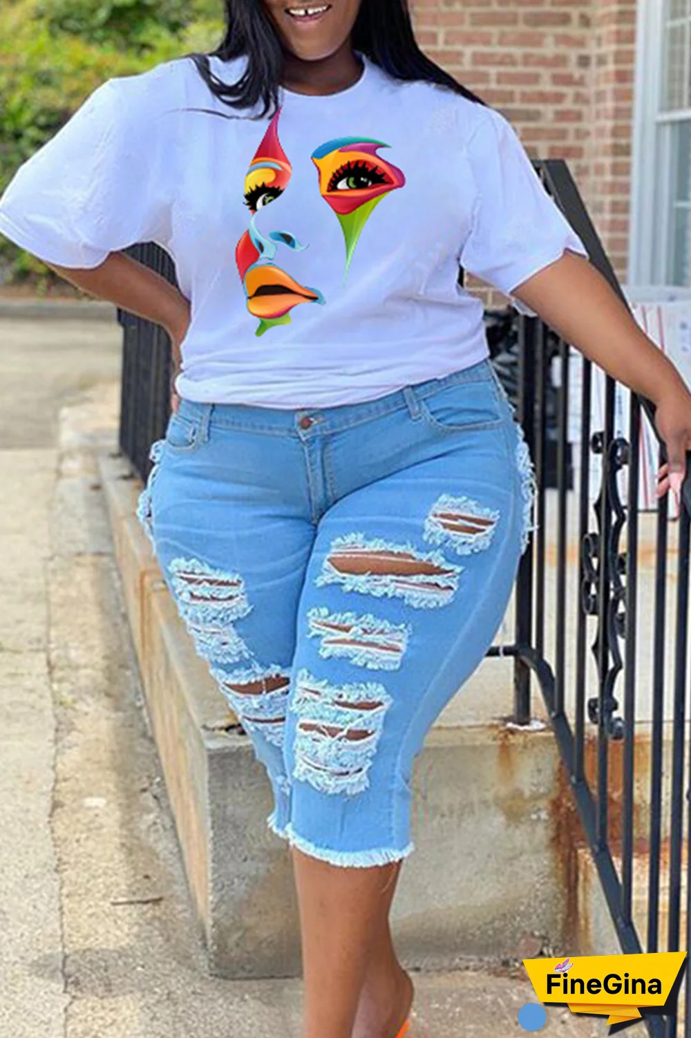 Black Street Print Patchwork O Neck Plus Size Tops