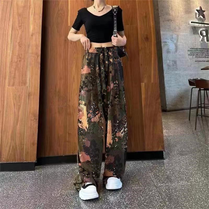 Nulclover costume ideas women Summer Women's Ice Silk Loose Wide Leg Pants Fashion Personality High Waist Casual Pants Ink Tie Dyed Floor Dragging Pants