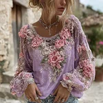 Women's Pink Rose Embroidery Art Round Neck Long Sleeve Linen Blend T-shirt - Image 8