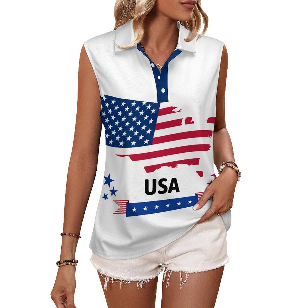 V-neck Sleeveless Casual POLO Shirt Tank Top for Women Printed with Pattern USA, Independence Day, Star, Striped, Blue, Red