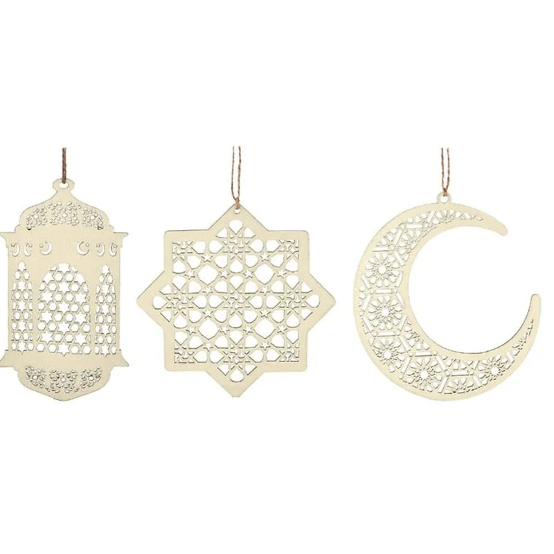 3pcs/Set wood Ramadan Eid Mubarak Craft Moon Plaque Decorations for Home Hanging Ornament Pendant Islam Muslim Party Supplies