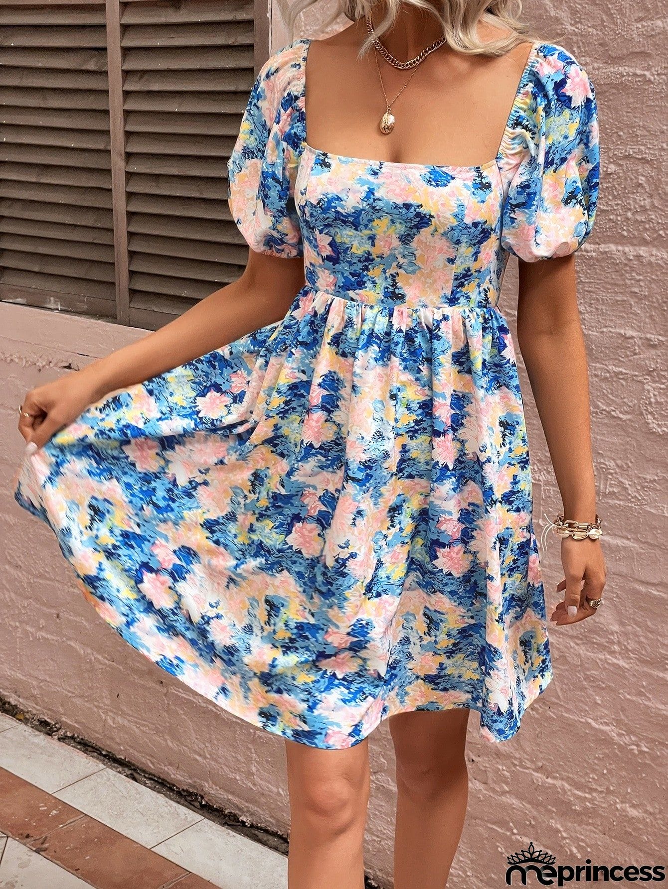 Floral Square Neck Puff Sleeve Dress