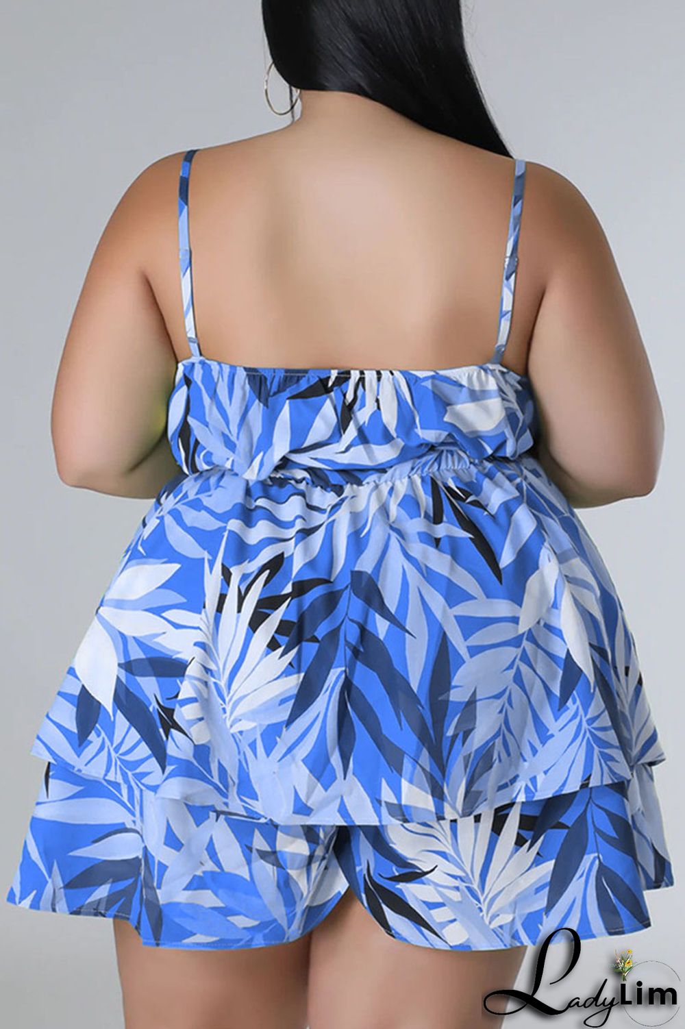 Blue Casual Print Patchwork Spaghetti Strap Plus Size Two Pieces