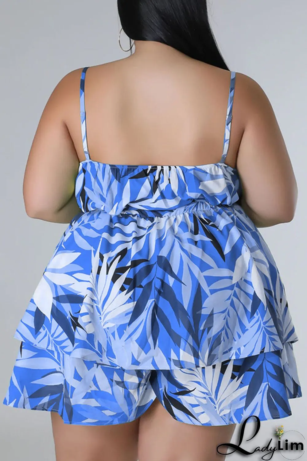 Blue Casual Print Patchwork Spaghetti Strap Plus Size Two Pieces