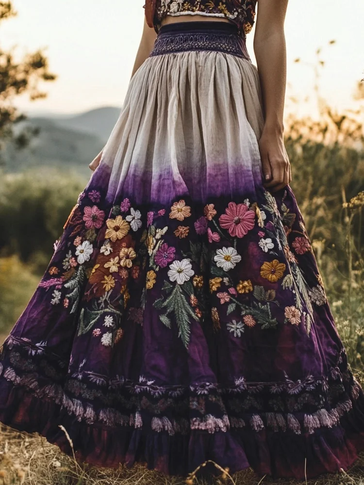 Utbros Women's Floral Embroidery Purple Gradient Cotton Flowing Half Elastic Skirt