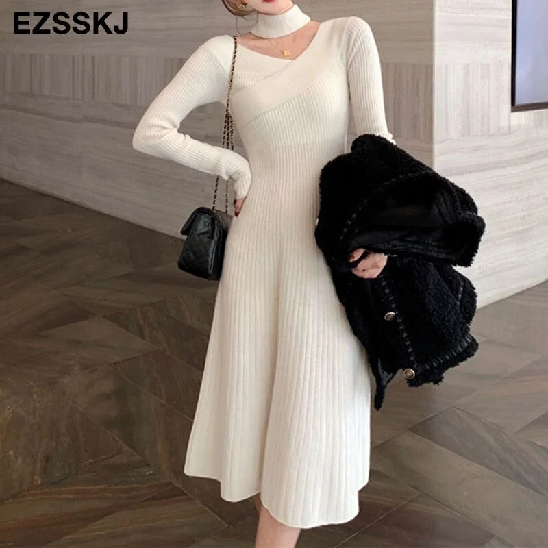 pure fashion slim a-line Sweater dress Women winter autumn slash neck thick dress 2021 French sweater dress long sleeve