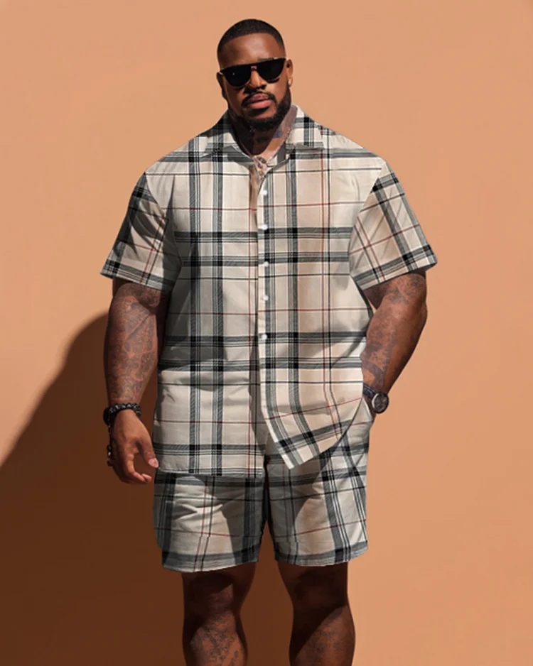 Men's Plus Size Classic Khaki Plaid Short Sleeve Shirt Shorts Set