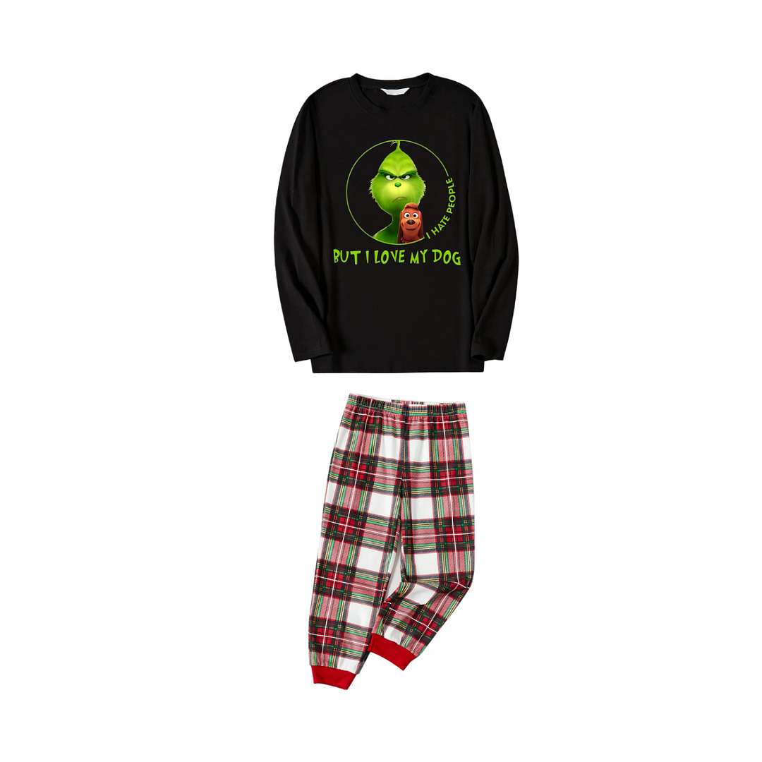 'I Hate People But I love My Dog' Text With Green Cartoon Characters and Dog Pattern Black Top Red&White&Green Plaid Pants Family Matching Pajamas