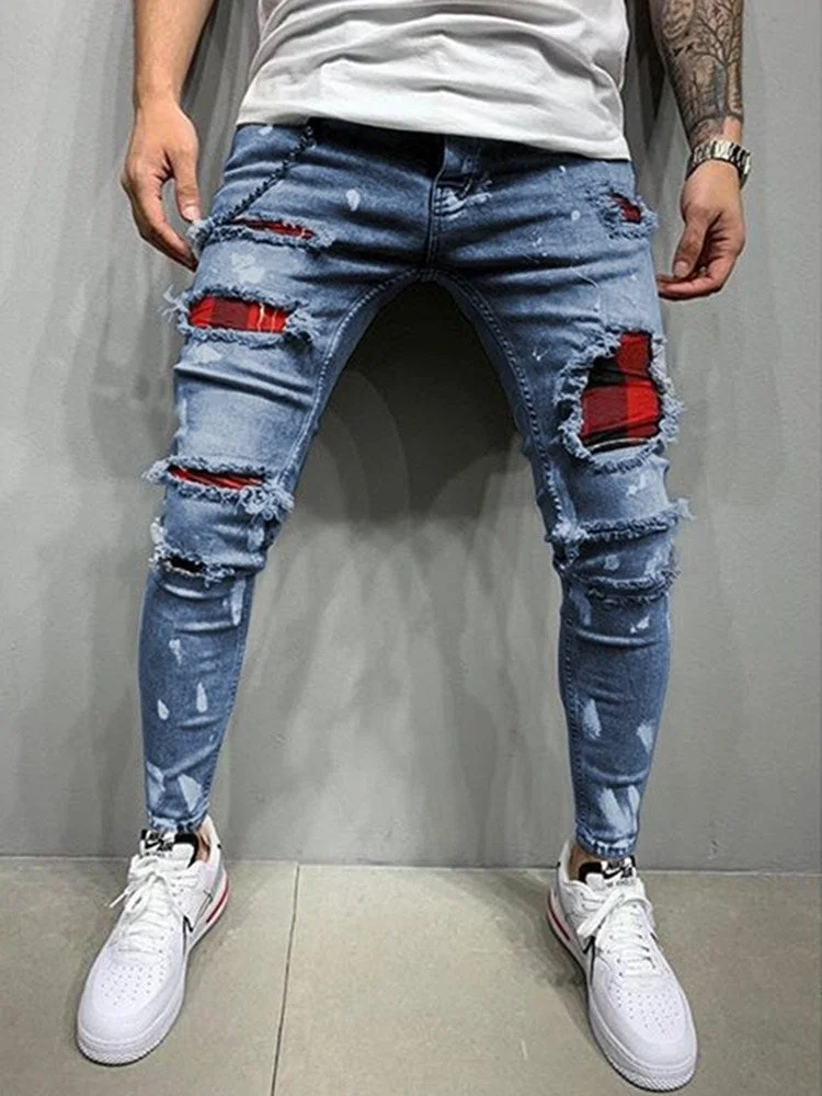 Men's Quilted Embroidered jeans Skinny Jeans Ripped Stretch Denim Pants MAN Elastic Waist Patchwork Jogging Denim Trousers