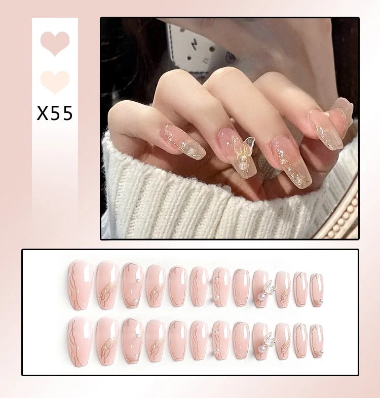 Aurora Transparent Fake Nails Tips for Finger Wear Crystal Ice Clear Butterfly Press on Nails Long Bow Ballet Diamond False Nail-Nail Inspo