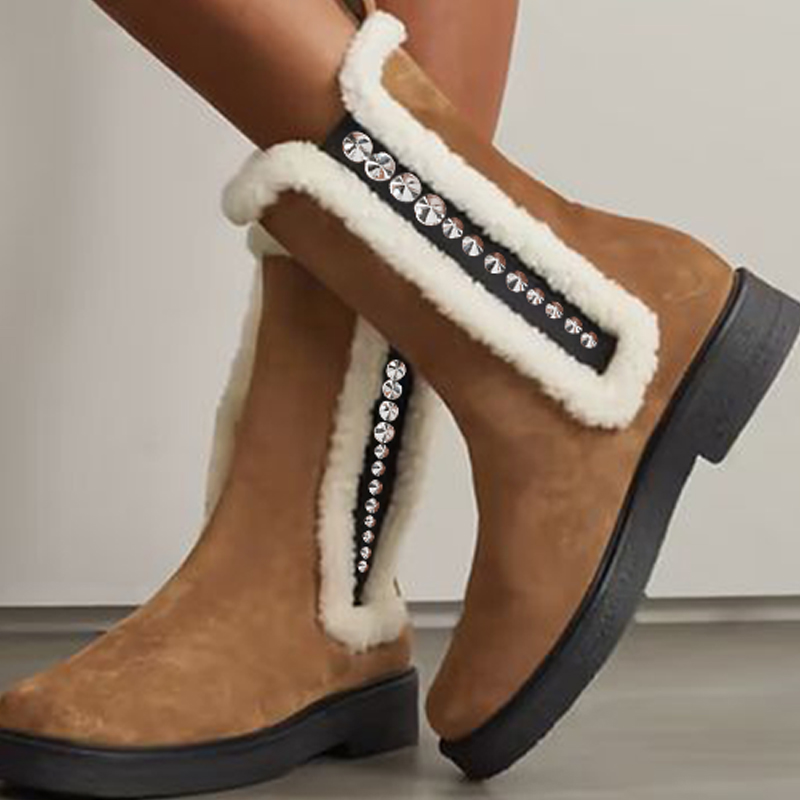 Brown Winter Boots With Rivet Decor Furry Mid Calf Boots Nicepairs