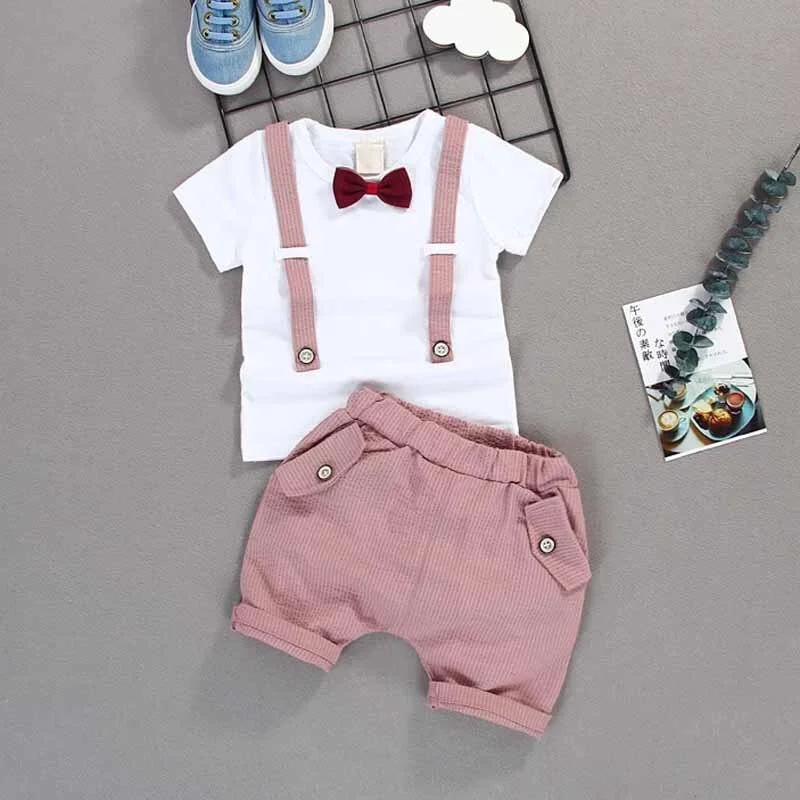 2021 Summer Children Baby Boys Cotton Clothes Infant Outfits Kid Gentleman Bowknot Tie T-Shirt 2pcs/Set Toddler Fashion Clothing