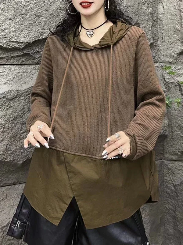 Hooded Long Sleeves Drawstring Split-Front Split-Joint Hoodies Tops